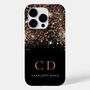 Zwart roos goud glitter monogram naam Case-Mate iPhone 14 pro hoesje