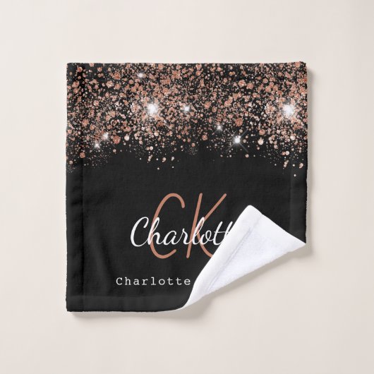 Zwart roos goud glitter monogram naamscript bad handdoek (Wasdoekje)