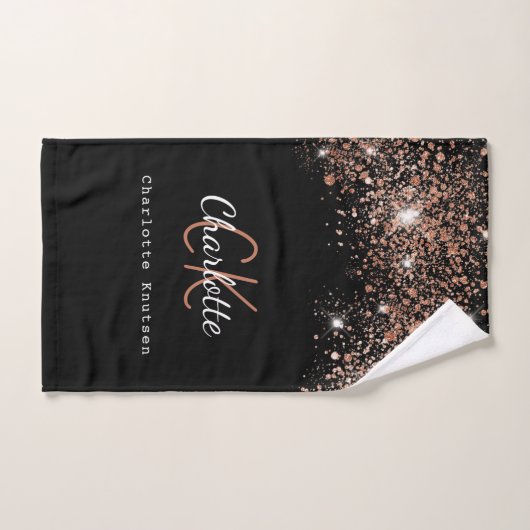 Zwart roos goud glitter monogram naamscript bad handdoek (Handdoek)