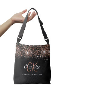 Zwart roos goud glitter monogram script crossbody tas