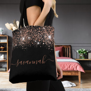 Zwart roos goud glitter monogram script tote bag