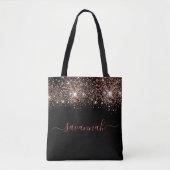 Zwart roos goud glitter monogram script tote bag (Voorkant)