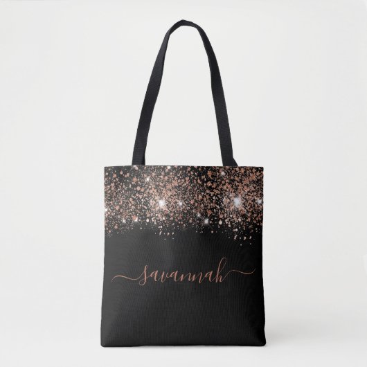 Zwart roos goud glitter monogram script tote bag (Voorkant)