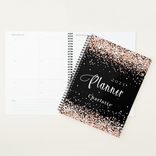 Zwart roos goud glitter naam afspraak 2026 planner (Display)