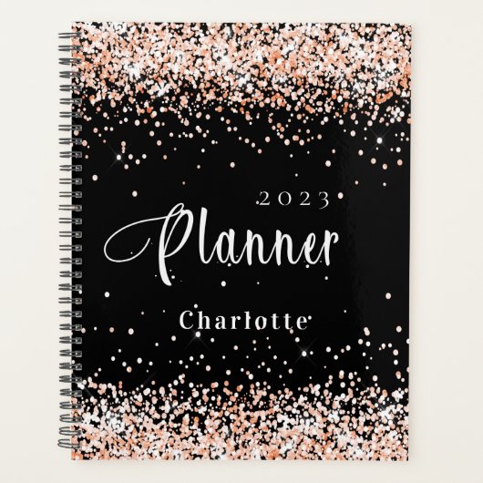 Zwart roos goud glitter naam afspraak 2026 planner (Voorkant)