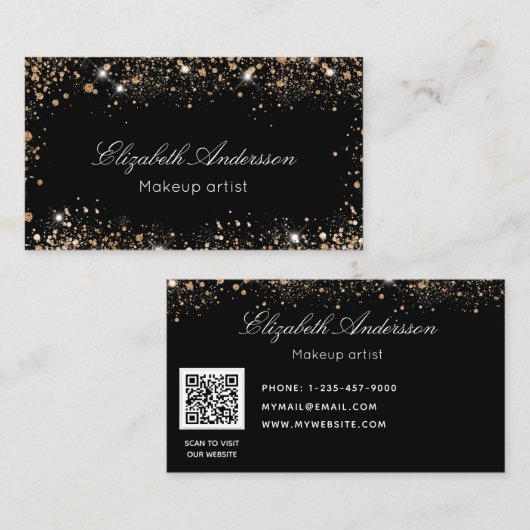 Zwart roos goud glitter stof elegant QR-code Visitekaartje (Voorkant / Achterkant)
