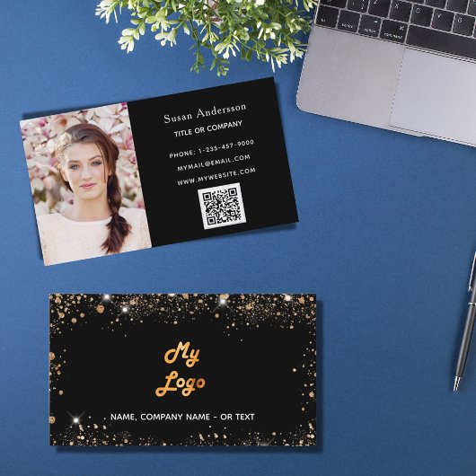 Zwart roos goud glitter stof logo elegant QR-code Visitekaartje