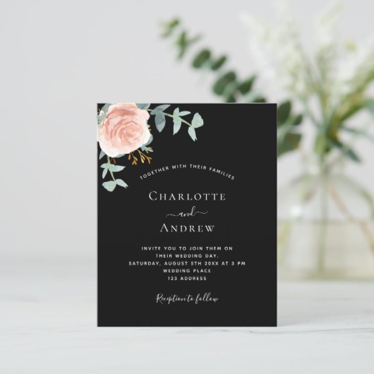 Zwart roos goud groen budget bruiloft uitnodiging (Staand voorkant)