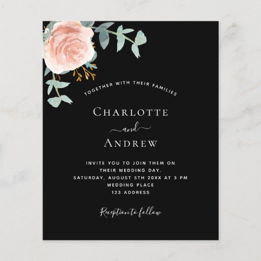 Zwart roos goud groen budget bruiloft uitnodiging (Voorkant)