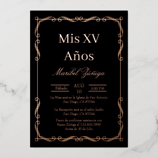 Zwart Roos Goud lijst Quinceanera uitnodiging (Voorkant)
