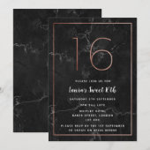 Zwart & Roos Goud Marmerd 16e Verjaardag Uitnodigi Kaart (Voorkant / Achterkant)