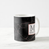 Zwart Roos Goud Modern Marmer Look Monogram Koffiemok (Voorkant rechts)