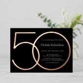 Zwart Roos Goud Modern Minimalist 50e Verjaardag Folie Uitnodiging (Staand Voorkant)