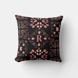 Zwart Roos Goud Monogram Hart Patchwork Patroon Kussen