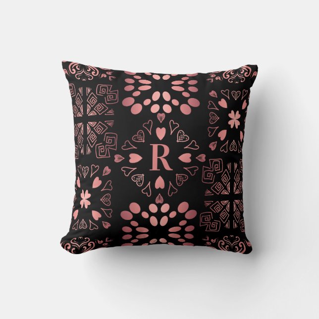 Zwart Roos Goud Monogram Hart Patchwork Patroon Kussen (Voorkant)