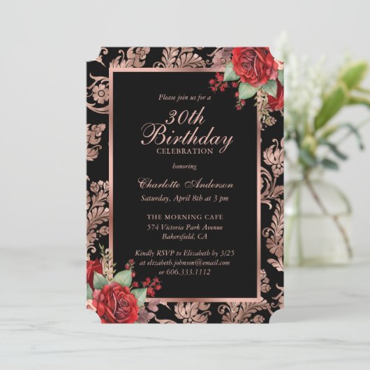 Zwart Roos Goud Rood Bloemen 30e Verjaardag Kaart (Staand voorkant)