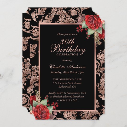 Zwart Roos Goud Rood Bloemen 30e Verjaardag Kaart
