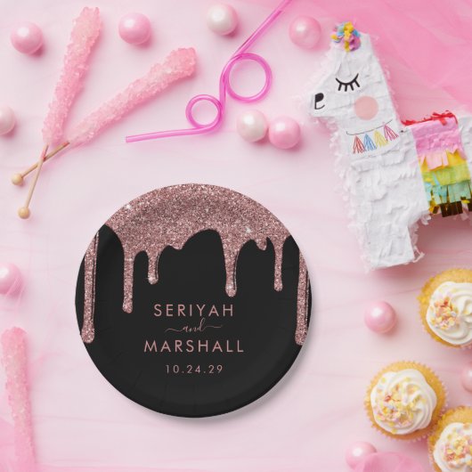 Zwart Roos Goud Sparkle Glitter Drips Bruiloft Papieren Bordje (Feest)