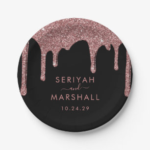 Zwart Roos Goud Sparkle Glitter Drips Bruiloft Papieren Bordje