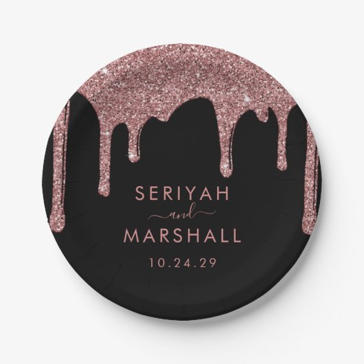 Zwart Roos Goud Sparkle Glitter Drips Bruiloft Papieren Bordje (Voorkant)