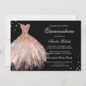 Zwart Roos Goud Sparkle Jurk Quinceanera Invite Kaart (Voorkant)