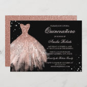 Zwart Roos Goud Sparkle Jurk Quinceanera Invite Kaart