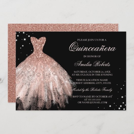 Zwart Roos Goud Sparkle Jurk Quinceanera Invite Kaart (Voorkant / Achterkant)