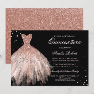 Zwart Roos Goud Sparkle Jurk Quinceanera Invite Kaart