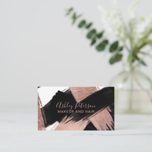 Zwart roos goudborstelslag haarmake-up typografie visitekaartje (Staand voorkant)