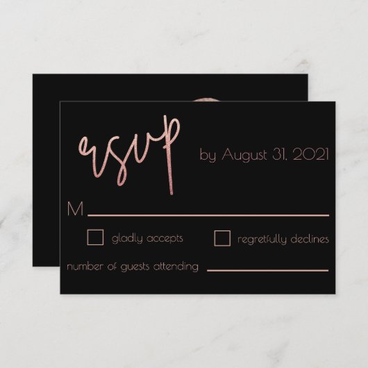 Zwart-Roos goudbruidkunst Deco RSVP Kaartje (Voorkant / Achterkant)