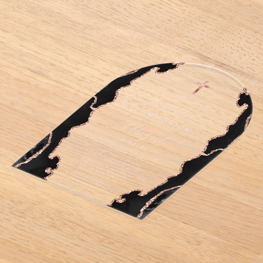 Zwart Roos Gouden Agaat Boog Eerste Heilige Commun Acryl Uitnodigingen (Laagn)