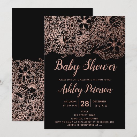 Zwart roos gouden bloemen typografie baby shower kaart (Voorkant / Achterkant)