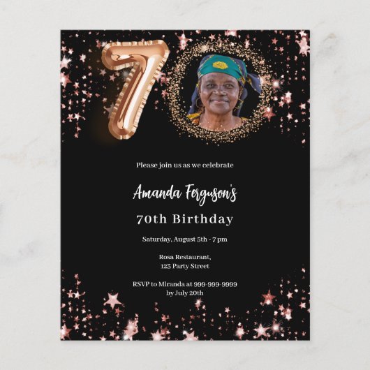 Zwart roos gouden foto 70ste verjaardagsuitnodigin (Voorkant)