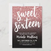 Zwart Roos Gouden Glitter 16e Verjaardag Kaart (Voorkant)