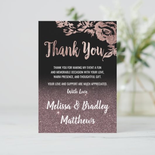 Zwart Roos Gouden Glitter Bloemen Dank u Bedankkaart (Staand voorkant)