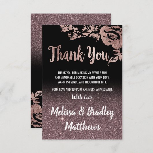Zwart Roos Gouden Glitter Bloemen Dank u Bedankkaart (Voorkant / Achterkant)