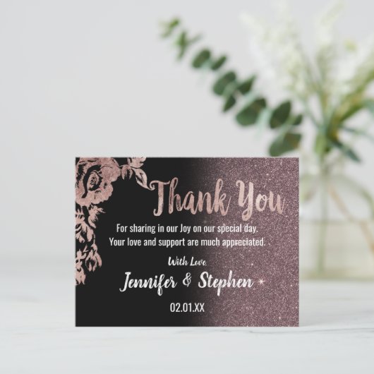 Zwart Roos Gouden Glitter Bloemen Dank u Briefkaart (Staand voorkant)