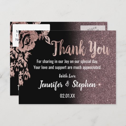 Zwart Roos Gouden Glitter Bloemen Dank u Briefkaart (Voorkant / Achterkant)