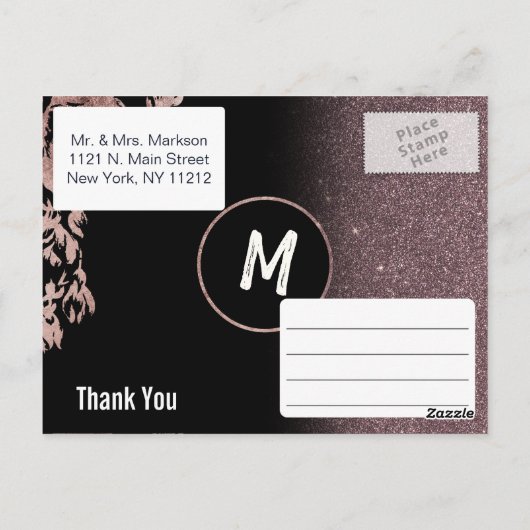 Zwart Roos Gouden Glitter Bloemen Dank u Briefkaart (Achterkant)