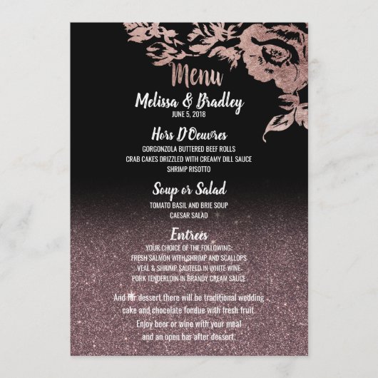 Zwart Roos Gouden Glitter Bloemen Trouwmenu Menu (Voorkant)