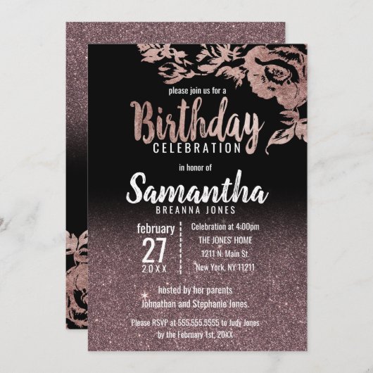 Zwart Roos Gouden Glitter Bloemen Verjaardagsfeest Kaart (Voorkant / Achterkant)