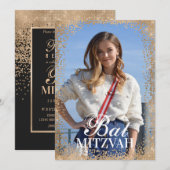 Zwart Roos Gouden Glitter Confetti Photo Bat Mitsw Kaart (Voorkant / Achterkant)