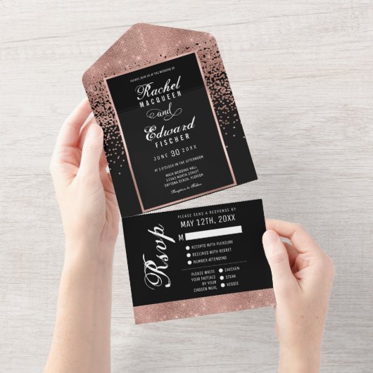 Zwart Roos Gouden Glitter Confetti Wedding RSVP All In One Uitnodiging (Afscheurbaar)