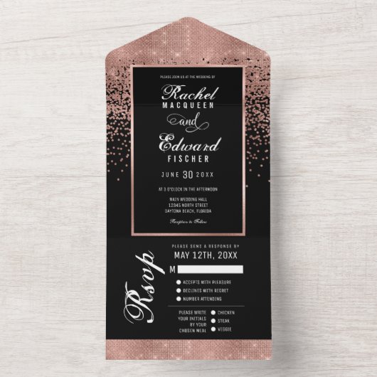 Zwart Roos Gouden Glitter Confetti Wedding RSVP All In One Uitnodiging (Binnen)
