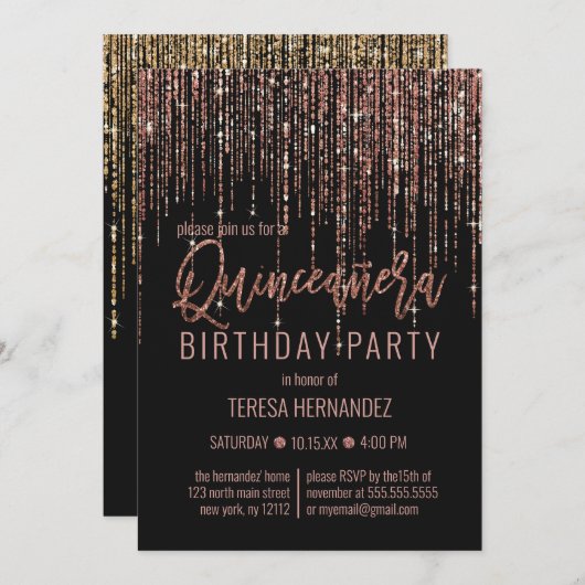 Zwart Roos Gouden Glitter Fringe Gordijn Quinceañe Kaart (Voorkant / Achterkant)