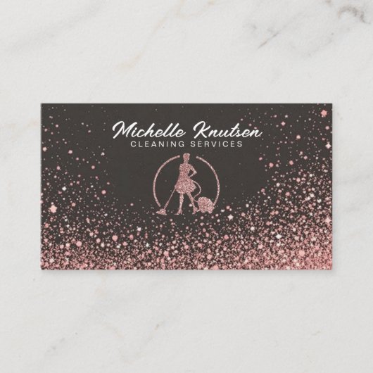 Zwart Roos Gouden Glitter Huis Schoonmaakservice Visitekaartje (Voorkant)