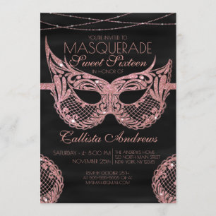 Zwart Roos Gouden Glitter Kant Masquerade Sweet 16 Kaart