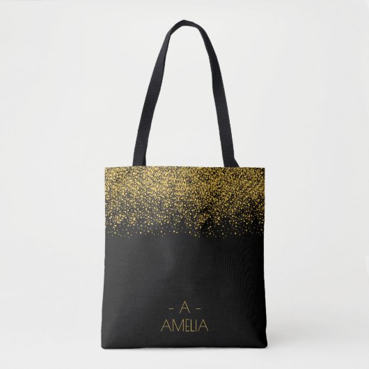 Zwart roos gouden glitter monogram script tas (Voorkant)