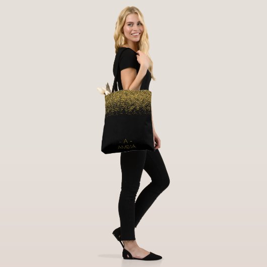 Zwart roos gouden glitter monogram script tas (Op model)