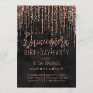 Zwart Roos Gouden Glitter Pearl Marble Quinceañera Kaart